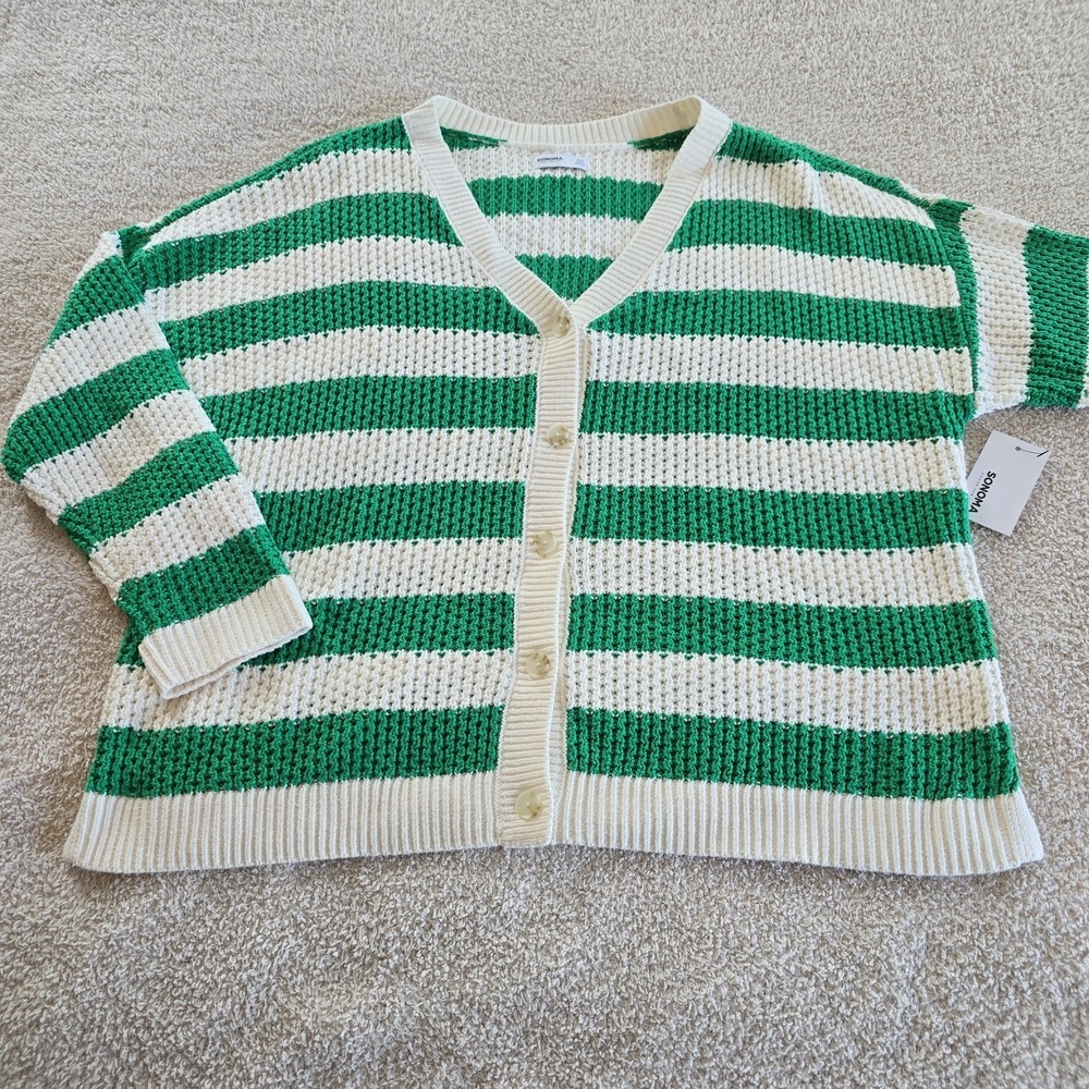 Sonoma Open-knit Cardigan Sweater Green/white‎ Stripes Lightweight Size XXL NWT